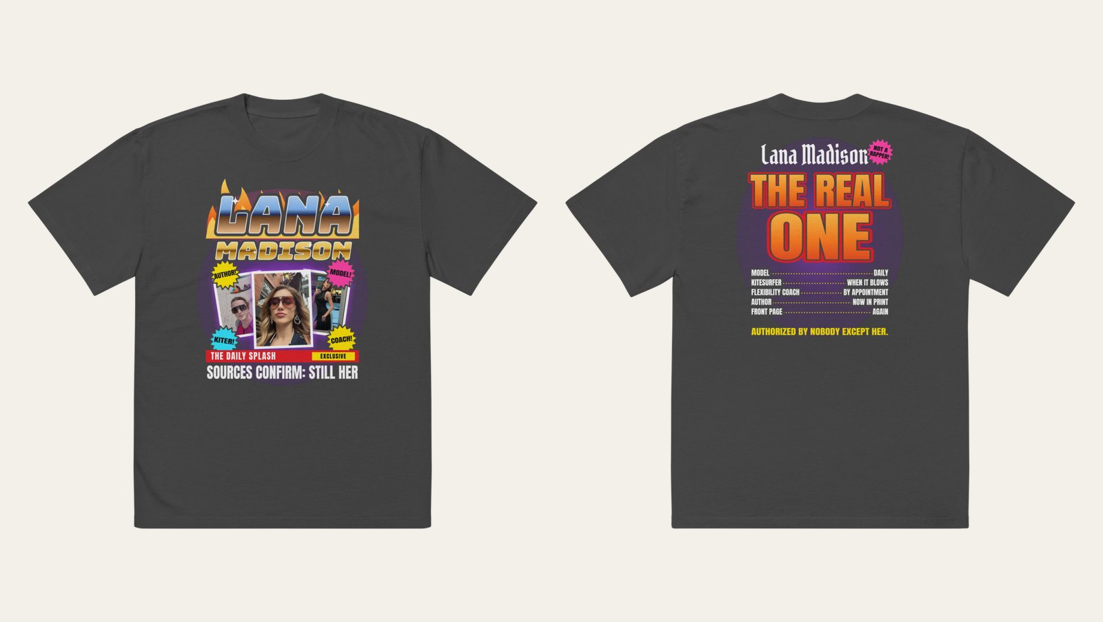 The Real One tee, front and back, on black